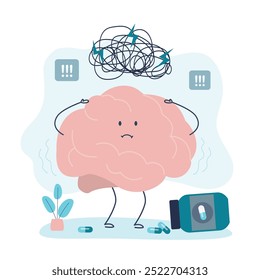 Confused, anxious and stressed brain. Сharacter with nervous problem feels anxiety and confusion. Concept of mental disorder and chaos in consciousness. Antidepressants for relax. vector illustration