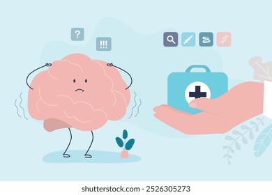Confused, anxious and stressed brain. Сharacter with nervous problem feels anxiety and confusion. Sick mind need help, doctor or psychologist hand give treatment or drugs. flat vector illustration