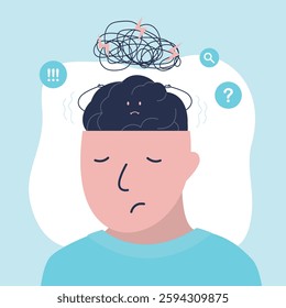 Confused, anxious and stressed brain. Сharacter sleeping, but mind with nervous problem feels anxiety and confusion. Concept of mental disorder and chaos in consciousness. flat vector illustration