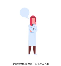 confused arab doctor chat bubble thinkink arabic man in uniform hospital medicine worker cartoon character full length white background flat