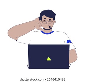 Homem árabe confuso usando laptop enquanto coça de volta da cabeça 2D personagem de desenho animado. Frustrado cara do oriente médio com gesto intrigado pessoa vetor plana isolado no branco. Ilustração especial colorida