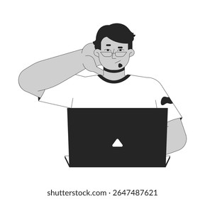 Homem árabe confuso usando laptop enquanto coça de volta do personagem de linha 2D cabeça. Frustrado cara do oriente médio com gesto intrigado isolado vetor tinta contorno pessoa. Ilustração de ponto monocromático