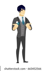 Noivo asiático confuso encolhendo os ombros. Comprimento total do jovem noivo duvidoso gestando as mãos e encolhendo os ombros. Ilustração de design plano vetorial isolada sobre fundo branco.