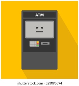 Confused ATM Automated Teller Machine (Vector Illustration Design with Long Shadow)