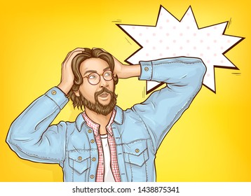 Confused and baffled man holding head in hands, looking with surprising on something, male customer shocked because of price discount offer pop art vector illustration. Sale promo banner template