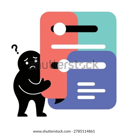 A confused black character with a question mark over its head interacts with complex, overlapping digital interface elements featuring sliders and text, symbolizing difficulty with settings or data management.