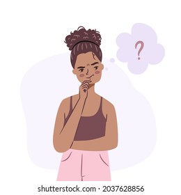 Confused black girl. Young african woman standing in doubt, thinking of dilemma. Puzzled isolated afro-american teenager. Flat character vector illustration.