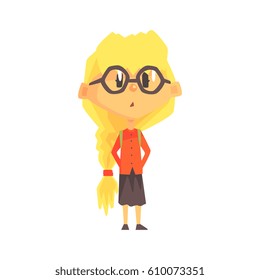 Confused Blond Girl In Glasses With A Plat, Primary School Kid, Elementary Class Member, Isolated Young Student Character