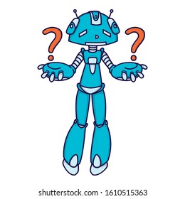 Confused blue robot asking a question. Vector illustration isolated on white background.