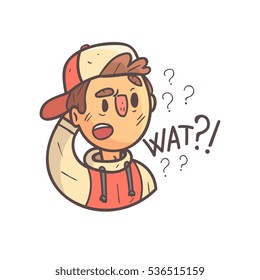 Confused Boy In Cap And College Jacket Hand Drawn Emoji Cool Outlined Portrait