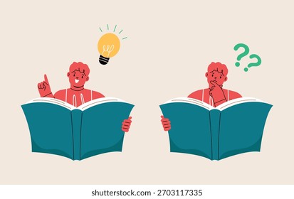 Garoto confuso e feliz em entender ou encontrar resposta na leitura do livro. Ilustração vetorial colorida.