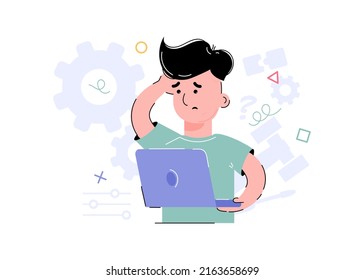 Confused boy holding a computer, laptop in his hands. Element for the design of presentations, applications and websites. Trend illustration. Vector illustration