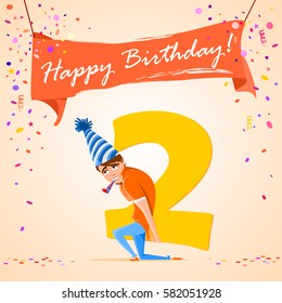 confused boy holding the number 2 on a colorful background. banner "Happy Birthday". vector illustration. 