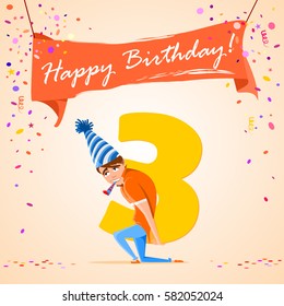 confused boy holding the number 3 on a colorful background. banner "Happy Birthday". vector illustration. 