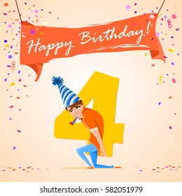 confused boy holding the number 4 on a colorful background. banner "Happy Birthday". vector illustration. 
