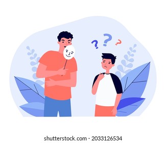 Confused Boy Looking At Man Covering Face With Smiling Mask. Liar Talking To Child, Hiding Identity Or Emotions Flat Vector Illustration. Disguise, Psychology Concept For Banner, Landing Web Page