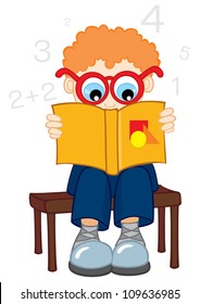Confused boy reading from book about mathematics