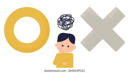 Confundido Menino Pensando com Círculo e Símbolos de Cruz - Problema em Tomar uma Ilustração de Vetor de Decisão