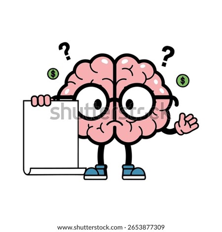 Confused Brain Cartoon Character – Flat Vector Illustration of Brain Holding Upside-Down Candlestick Chart, Wearing Glasses and Sneakers with Floating Question Marks on Clean White Background