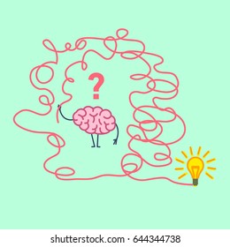Confused brain. Vector concept illustration of brain finding solution in maze to new idea | flat design linear infographic icon on green background