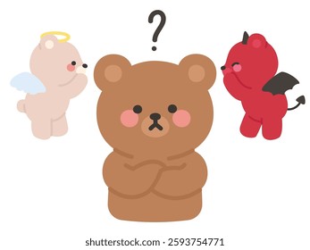 Confused Brown Bear with Angel and Devil Floating Nearby in Cute Cartoon Style Vector Illustration