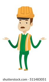 Confused builder in hard hat standing with spread arms. Illustration of full length of an adult caucasian builder with spread arms. Vector flat design illustration isolated on white background.