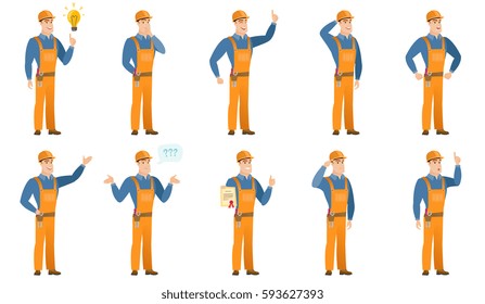 Confused builder with spread arms. Full length of confused builder with question marks. Confused builder shrugging shoulders. Set of vector flat design illustrations isolated on white background.