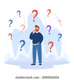 Confused business character making important decision. Man with questions, different options, making choice flat vector illustration. Goal, success, strategy concept for banner, website design