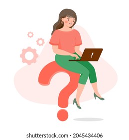 Confused Business Girl Working On Laptop With Question Mark.  Misunderstanding Young Woman Need Help, Asking Questions During Distance Work. Remote Work And Online Learning. Flat Vector Illustration.