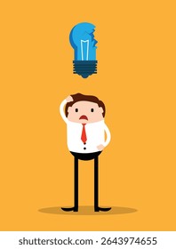 Confused Business Man with Broken Light Bulb. People and failure to generate bright creative idea vector art