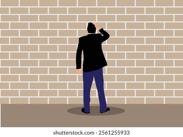 Confused Business Man Looking at a Brick Wall and Thinking. Overcoming obstacles at work concept vector art