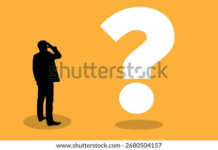 Confused Business Man Looking at Question Mark Silhouette. Confusing situations at work and problem solving vector art