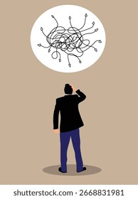 Confuso Homem de Negócios Perdido em Pensamentos Ideias Overthinking. Pessoas e psicologia conceito arte vetorial