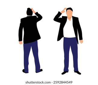 Confused Business Man Scratching Head Isolated on White. Office worker or company CEO in confusion vector art