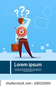 Confused Business Man Standing Back Hand Touch Head Question Mark Think Problem Solution Flat Vector Illustration