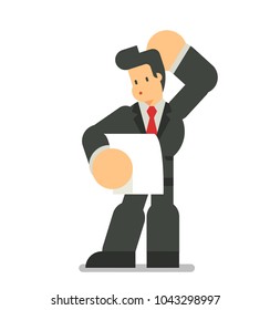 Confused business man. Business man standing and thinking with plan. Vector character design flat style.