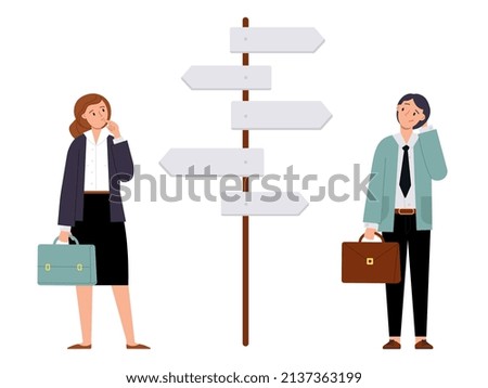 Confused business people. Businessman stand near directions and choose road. Lost opportunities, woman man think and choice decent career path vector scene