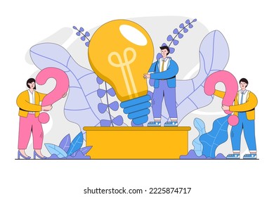 Confused business people holding question marks and light bulb on. Cartoon vector illustration of businessman, businesswoman wondering and doubting. Concept of making decision.