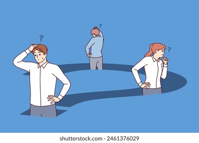 Confused business people are standing inside big question trying to find way out of deadlock. Question prevents team of office employees from moving forward to achieve goals and objectives