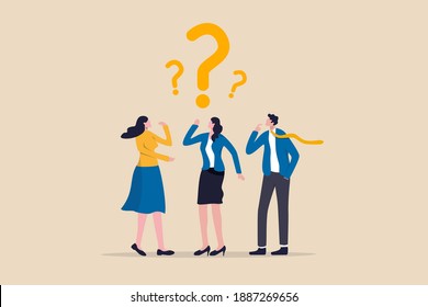 Confused business team finding answer or solution to solve problem, work question or doubt and suspicion in work process concept, businessman and woman team thinking with question mark symbol.