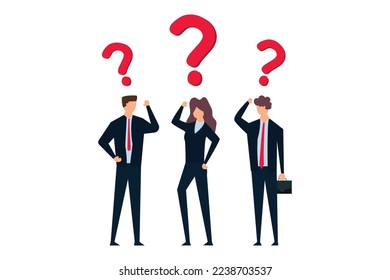Confused business team finding  solution to solve problem, businessman and woman team thinking with question mark symbol.