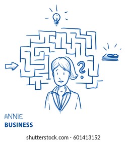 Confused Business Woman, With Maze And Icons. Concept For Confusion, Irritation, Clueless, Lost. Hand Drawn Line Art Cartoon Vector Illustration.