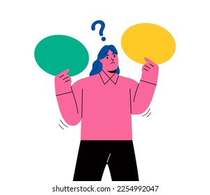 Confused business woman is thinking about how to make a decision. Dilemma concept. Flat vector illustration isolated on white background
