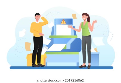 Confused business worker broke copy machine. Service assistance for broken equipment. 24 7 technical support. Flat cartoon illustration vector concept web banner design isolated on white background