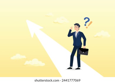 Confused businessman aiming at future purpose arrow, finding purpose, objective or motivation to achieve goal, existential crisis to discover life meaning, challenge to define business target (Vector)