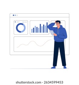 Confused businessman analyzing complex data on tablet, standing near digital screen with charts. Problem solving, data analysis struggle concept. Hand drawn vector illustration.
