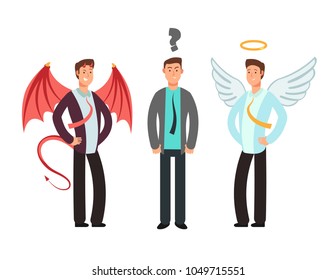 Confused businessman with angel and devil over shoulders. Choose vector concept. Businessman choice devil or angel illustration