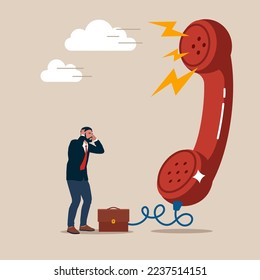 Confused businessman away from furious complain telephone from customer or client. Customer complaint, dissatisfaction from product or service problem, angry feedback from client. 