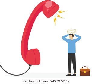 Confused businessman away from furious complain telephone from customer or client. Customer complaint, dissatisfaction from product or service problem, angry feedback from client.

