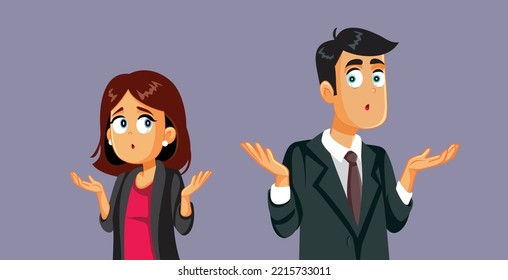 
Confused Businessman and Businesswoman Feeling Puzzled Vector Illustration. Funny business team shrugging having difficulties to solve a problem
